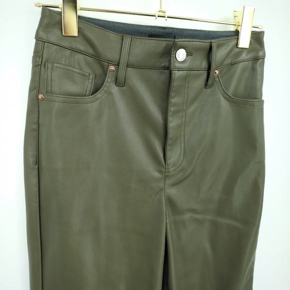 Express '90s Slim Super High Rise Faux Leather Pants Olive Green 2 Long Soft - Picture 3 of 8